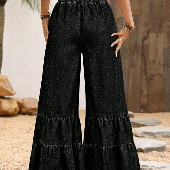 Dark Grey Boho Women's Ruffled Hem Loose Elastic Waist Wide Leg Jeans - Picture 4 of 5
